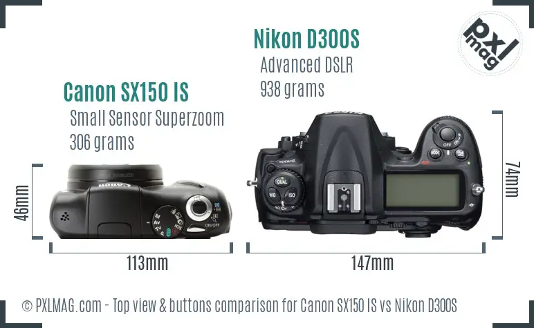 Canon SX150 IS vs Nikon D300S top view buttons comparison