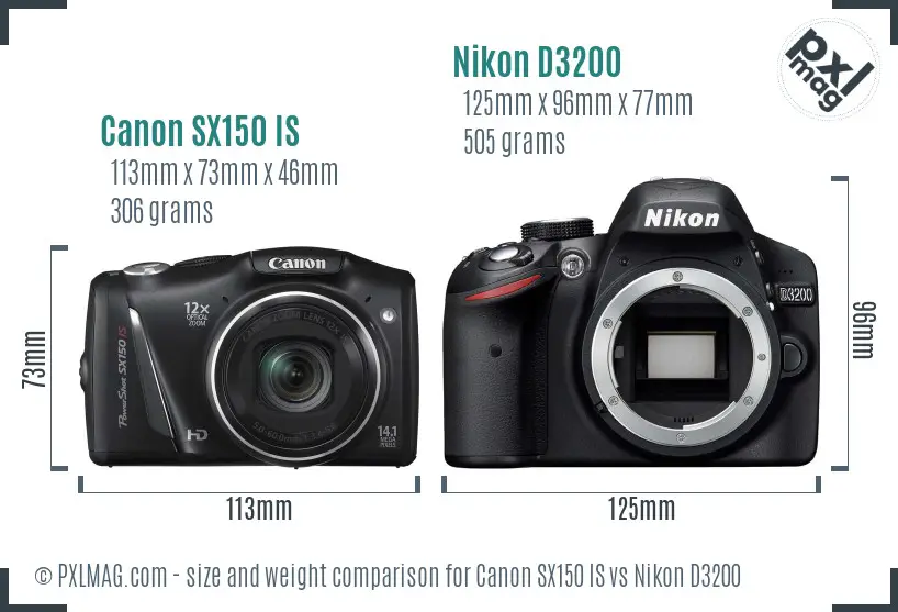Canon SX150 IS vs Nikon D3200 size comparison
