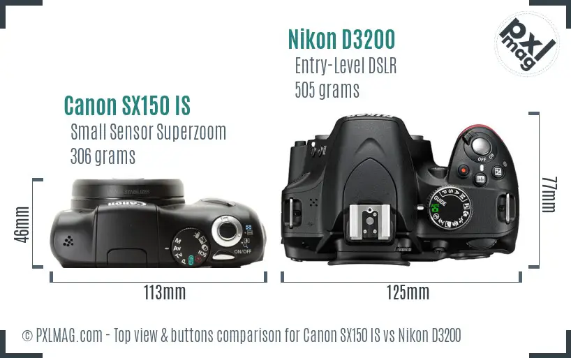 Canon SX150 IS vs Nikon D3200 top view buttons comparison