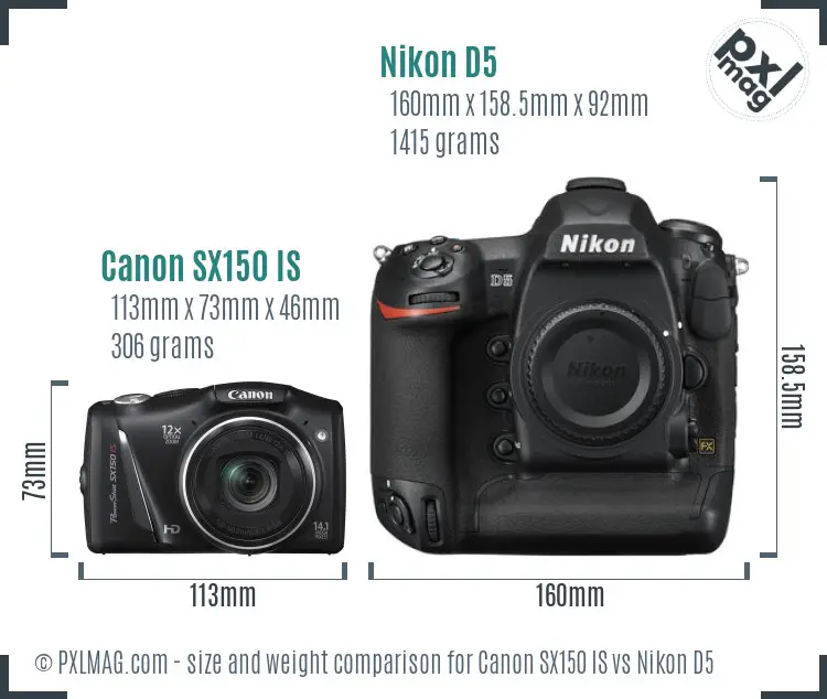 Canon SX150 IS vs Nikon D5 size comparison