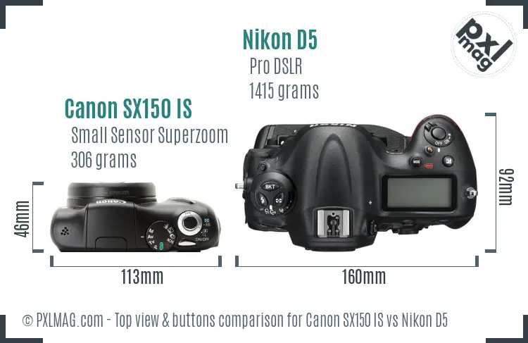 Canon SX150 IS vs Nikon D5 top view buttons comparison