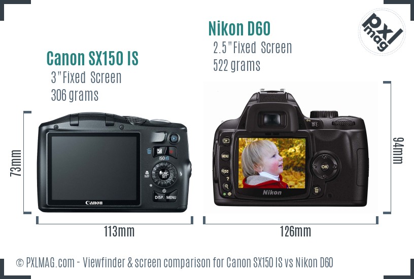Canon SX150 IS vs Nikon D60 Screen and Viewfinder comparison