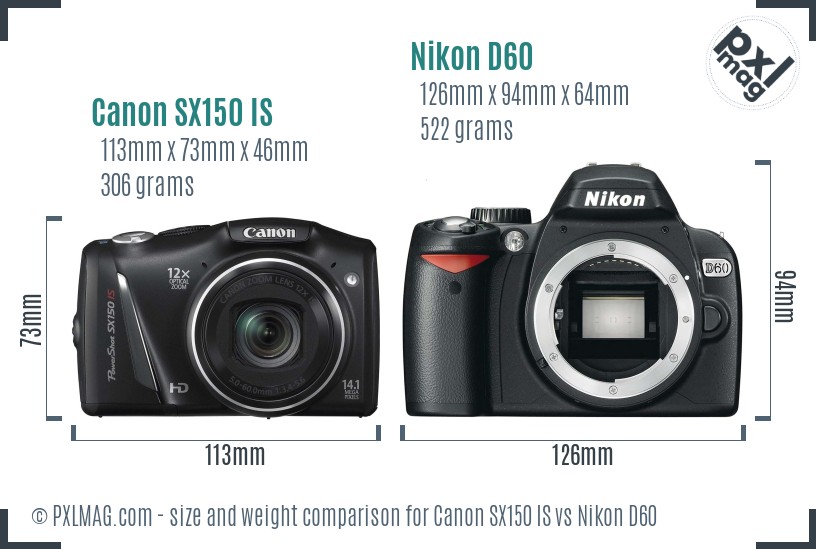 Canon SX150 IS vs Nikon D60 size comparison