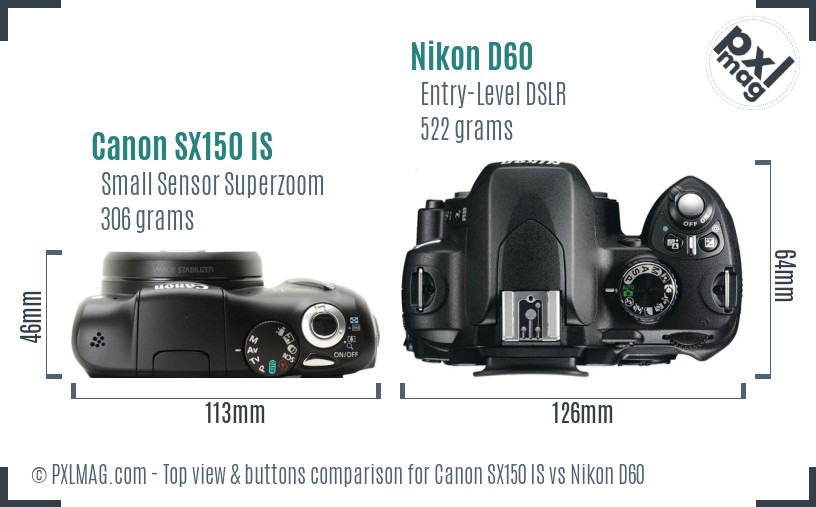 Canon SX150 IS vs Nikon D60 top view buttons comparison