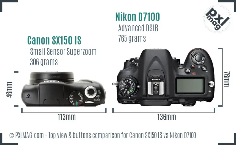 Canon SX150 IS vs Nikon D7100 top view buttons comparison