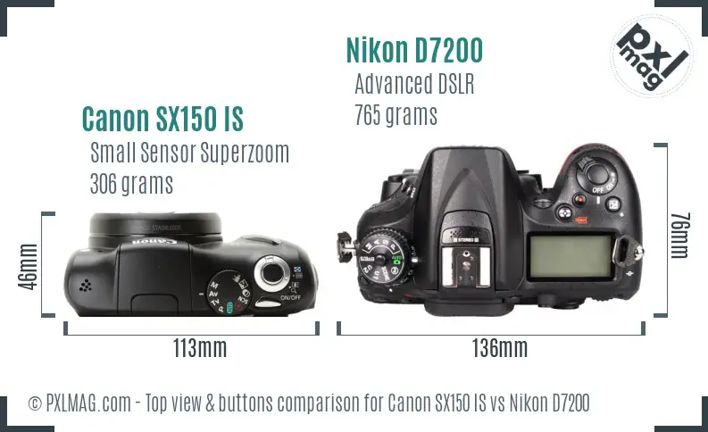 Canon SX150 IS vs Nikon D7200 top view buttons comparison