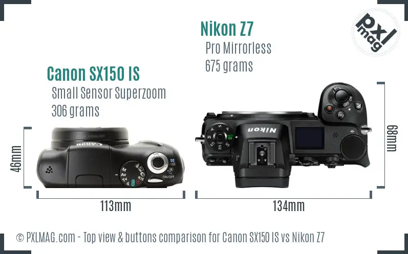 Canon SX150 IS vs Nikon Z7 top view buttons comparison