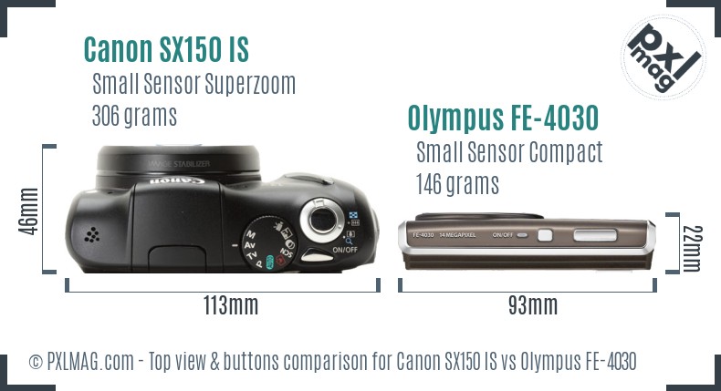 Canon SX150 IS vs Olympus FE-4030 top view buttons comparison