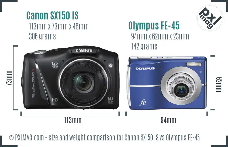Canon SX150 IS vs Olympus FE-45 size comparison Canon SX150 IS vs Olympus FE-45 size comparison