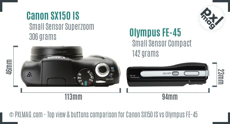 Canon SX150 IS vs Olympus FE-45 top view buttons comparison Canon SX150 IS vs Olympus FE-45 top view buttons comparison