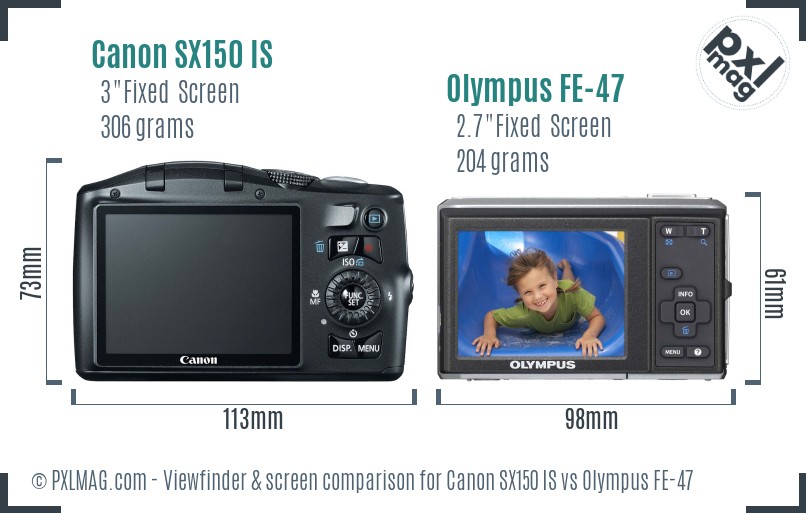 Canon SX150 IS vs Olympus FE-47 Screen and Viewfinder comparison