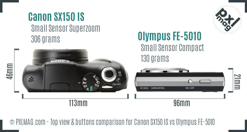 Canon SX150 IS vs Olympus FE-5010 top view buttons comparison