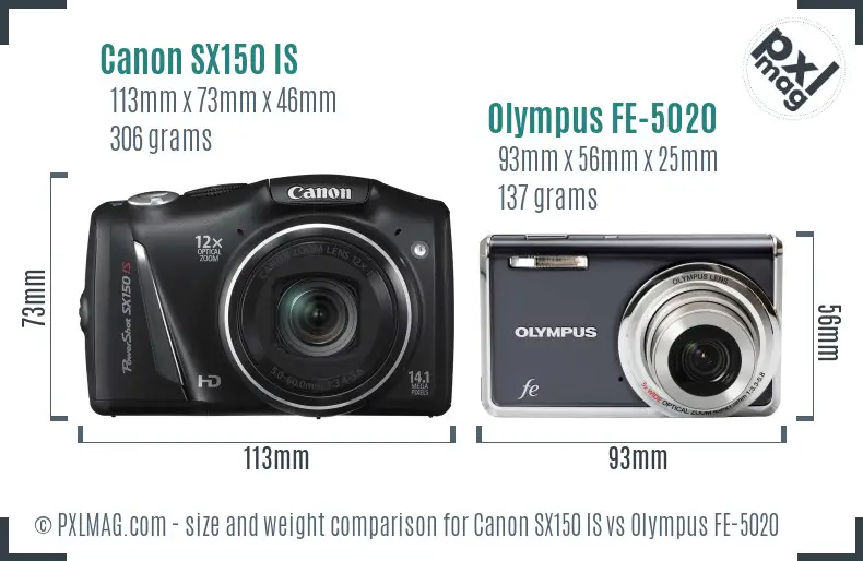 Canon SX150 IS vs Olympus FE-5020 size comparison Canon SX150 IS vs Olympus FE-5020 size comparison
