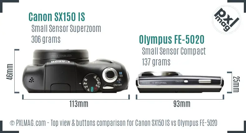 Canon SX150 IS vs Olympus FE-5020 top view buttons comparison Canon SX150 IS vs Olympus FE-5020 top view buttons comparison