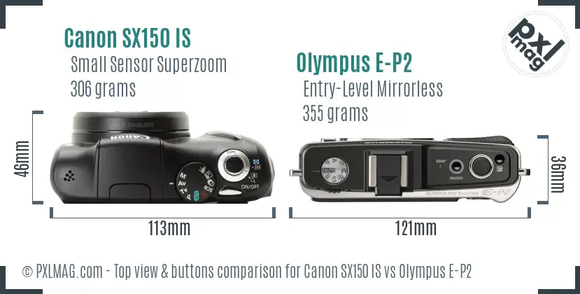 Canon SX150 IS vs Olympus E-P2 top view buttons comparison