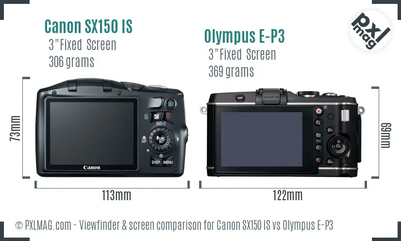 Canon SX150 IS vs Olympus E-P3 Screen and Viewfinder comparison
