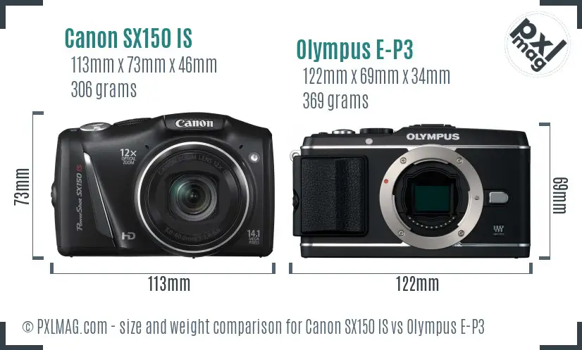 Canon SX150 IS vs Olympus E-P3 size comparison