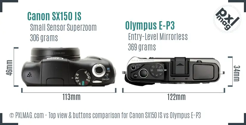 Canon SX150 IS vs Olympus E-P3 top view buttons comparison