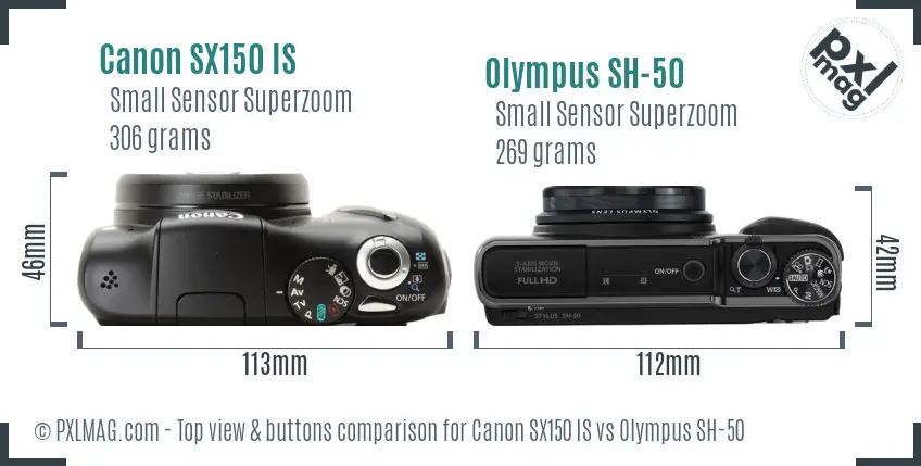 Canon SX150 IS vs Olympus SH-50 top view buttons comparison Canon SX150 IS vs Olympus SH-50 top view buttons comparison