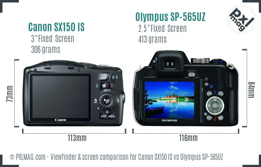 Canon SX150 IS vs Olympus SP-565UZ Screen and Viewfinder comparison