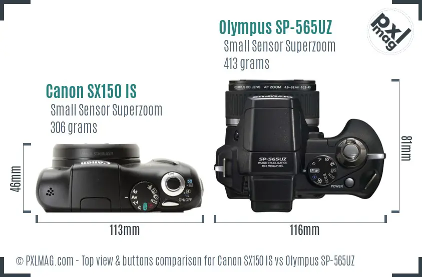Canon SX150 IS vs Olympus SP-565UZ top view buttons comparison