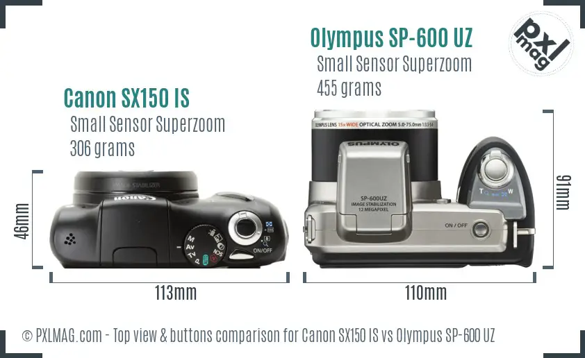 Canon SX150 IS vs Olympus SP-600 UZ top view buttons comparison Canon SX150 IS vs Olympus SP-600 UZ top view buttons comparison
