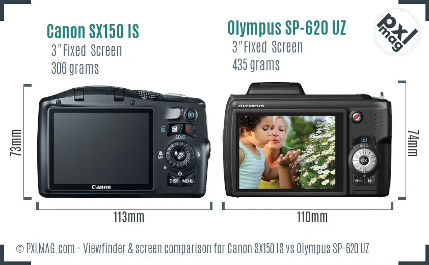 Canon SX150 IS vs Olympus SP-620 UZ Screen and Viewfinder comparison