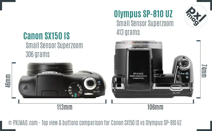 Canon SX150 IS vs Olympus SP-810 UZ top view buttons comparison