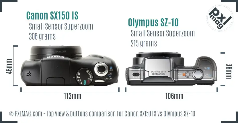 Canon SX150 IS vs Olympus SZ-10 top view buttons comparison