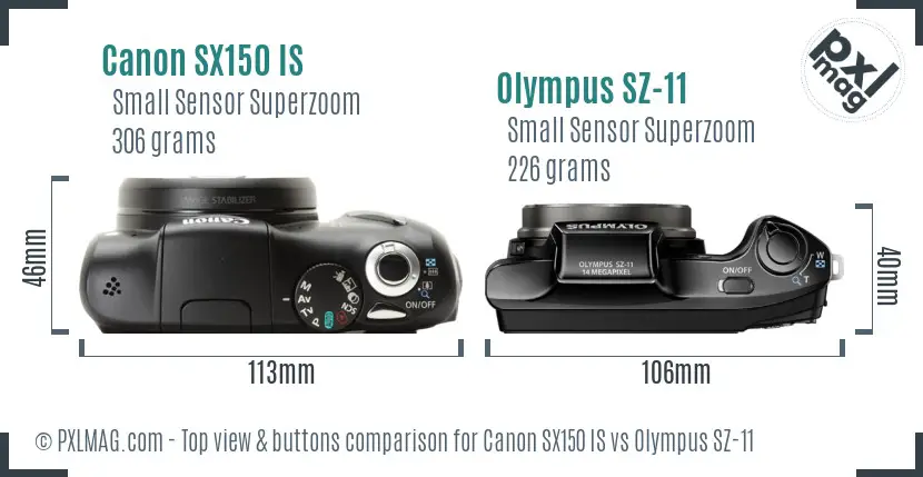 Canon SX150 IS vs Olympus SZ-11 top view buttons comparison Canon SX150 IS vs Olympus SZ-11 top view buttons comparison