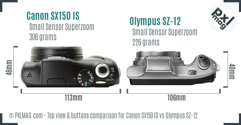 Canon SX150 IS vs Olympus SZ-12 top view buttons comparison Canon SX150 IS vs Olympus SZ-12 top view buttons comparison