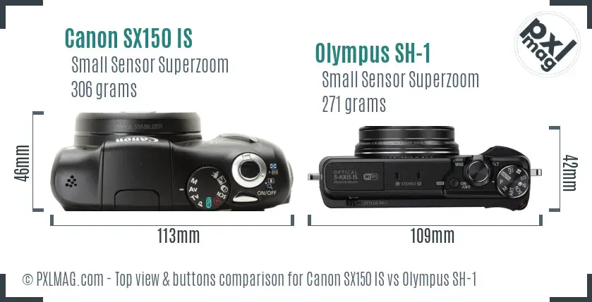 Canon SX150 IS vs Olympus SH-1 top view buttons comparison