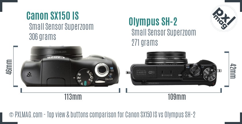 Canon SX150 IS vs Olympus SH-2 top view buttons comparison