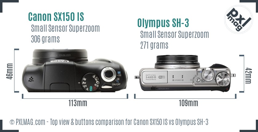 Canon SX150 IS vs Olympus SH-3 top view buttons comparison