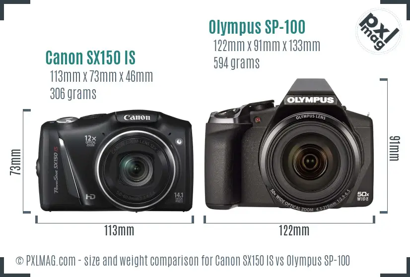 Canon SX150 IS vs Olympus SP-100 size comparison Canon SX150 IS vs Olympus SP-100 size comparison