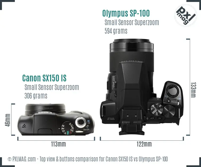 Canon SX150 IS vs Olympus SP-100 top view buttons comparison Canon SX150 IS vs Olympus SP-100 top view buttons comparison