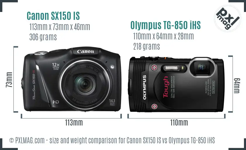 Canon SX150 IS vs Olympus TG-850 iHS size comparison