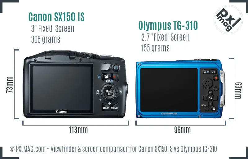 Canon SX150 IS vs Olympus TG-310 Screen and Viewfinder comparison