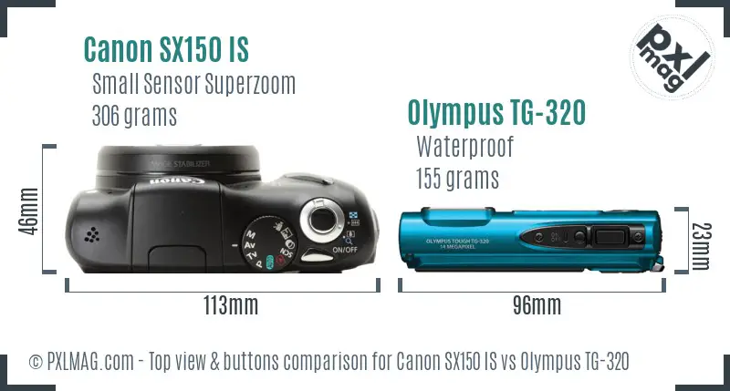 Canon SX150 IS vs Olympus TG-320 top view buttons comparison Canon SX150 IS vs Olympus TG-320 top view buttons comparison