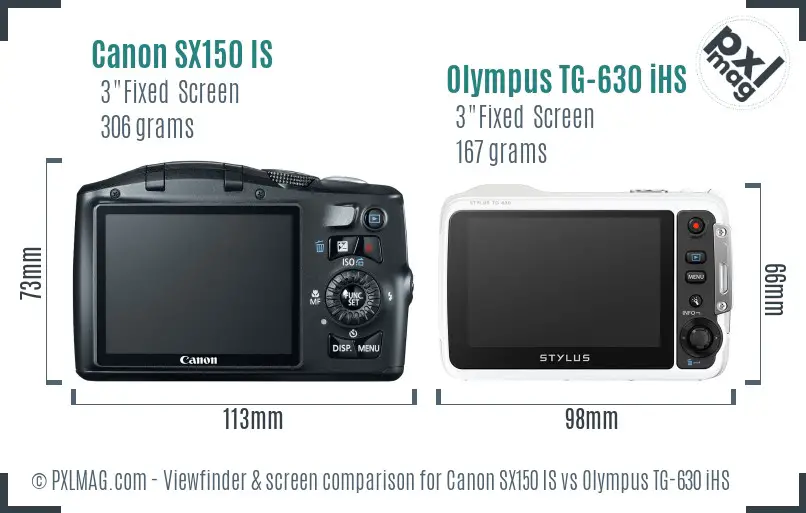Canon SX150 IS vs Olympus TG-630 iHS Screen and Viewfinder comparison