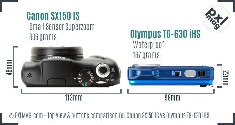 Canon SX150 IS vs Olympus TG-630 iHS top view buttons comparison