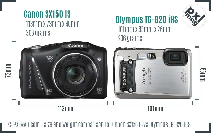 Canon SX150 IS vs Olympus TG-820 iHS size comparison