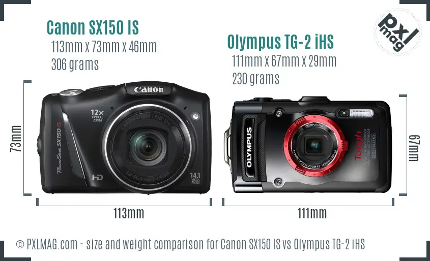 Canon SX150 IS vs Olympus TG-2 iHS size comparison