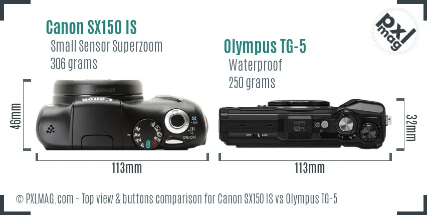 Canon SX150 IS vs Olympus TG-5 top view buttons comparison