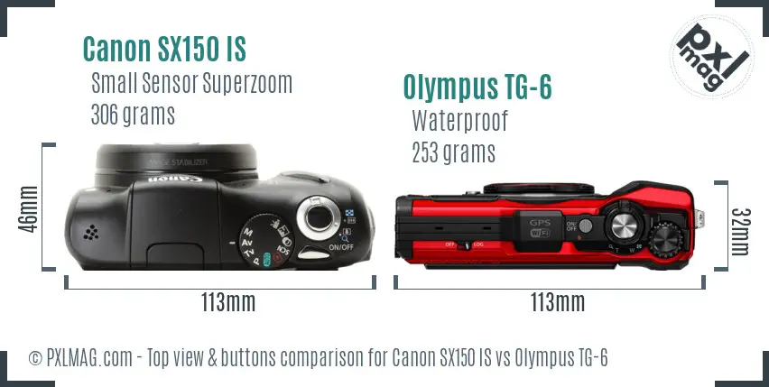 Canon SX150 IS vs Olympus TG-6 top view buttons comparison