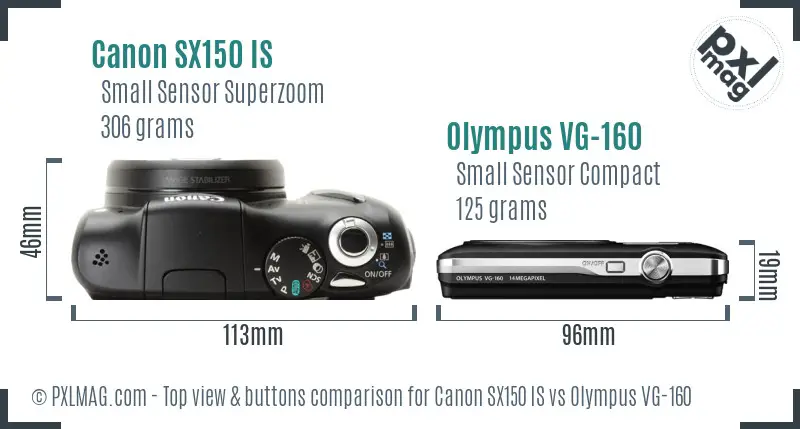 Canon SX150 IS vs Olympus VG-160 top view buttons comparison Canon SX150 IS vs Olympus VG-160 top view buttons comparison