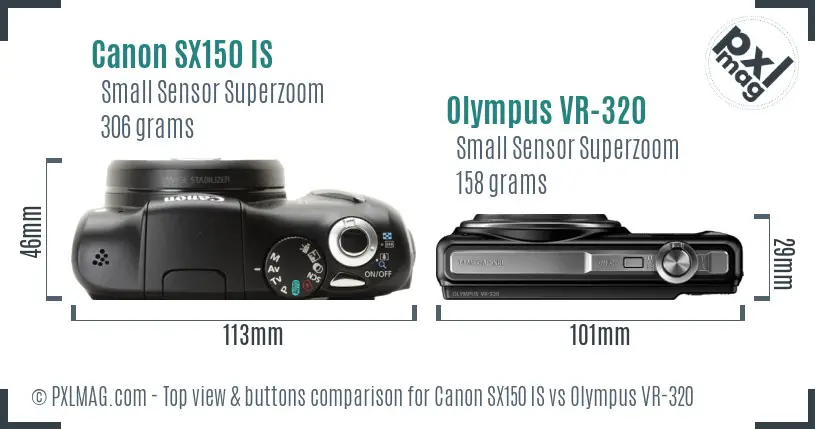 Canon SX150 IS vs Olympus VR-320 top view buttons comparison Canon SX150 IS vs Olympus VR-320 top view buttons comparison
