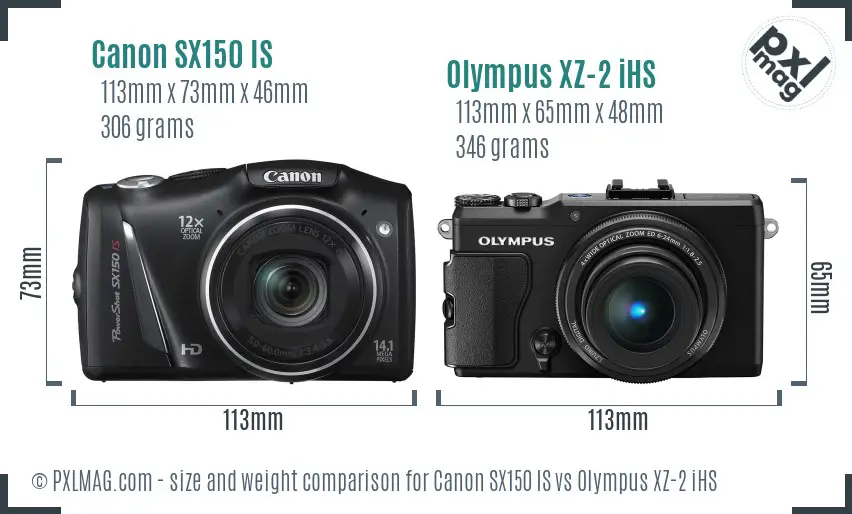 Canon SX150 IS vs Olympus XZ-2 iHS size comparison Canon SX150 IS vs Olympus XZ-2 iHS size comparison