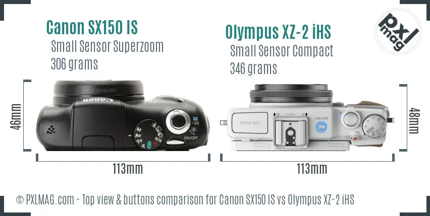 Canon SX150 IS vs Olympus XZ-2 iHS top view buttons comparison Canon SX150 IS vs Olympus XZ-2 iHS top view buttons comparison