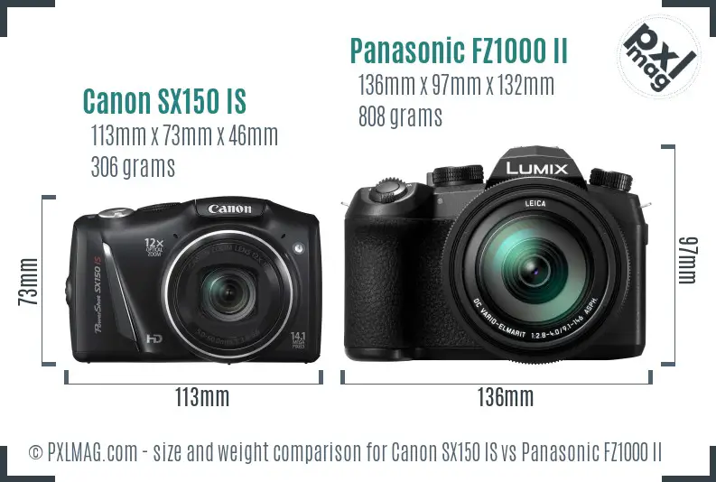 Canon SX150 IS vs Panasonic FZ1000 II size comparison